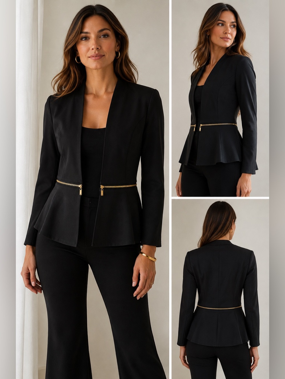 IMAN Black Peplum Blazer with Gold Zip Detail - NWT Size S